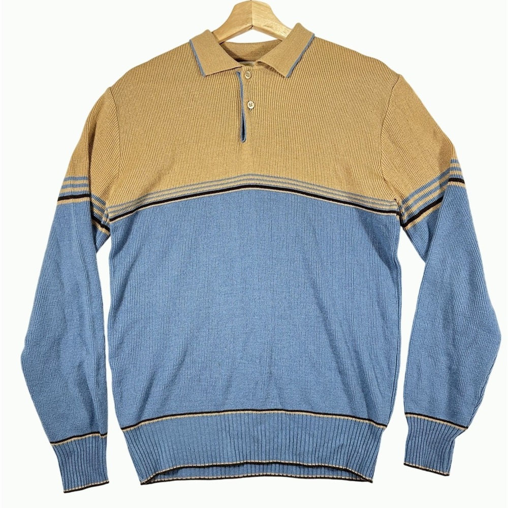 vintage mervyns Men Collection Tan Blue Pullover‎ Sweater Medium Retro Hipster